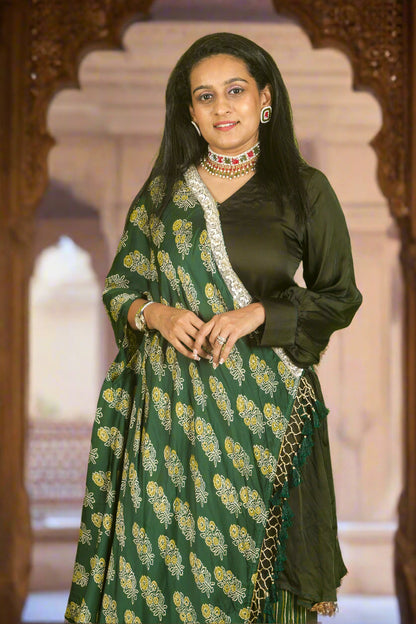 Dark green ajrakh hand embroidered cape with kurti & pants