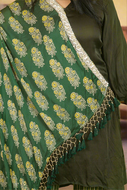 Dark green ajrakh hand embroidered cape with kurti & pants