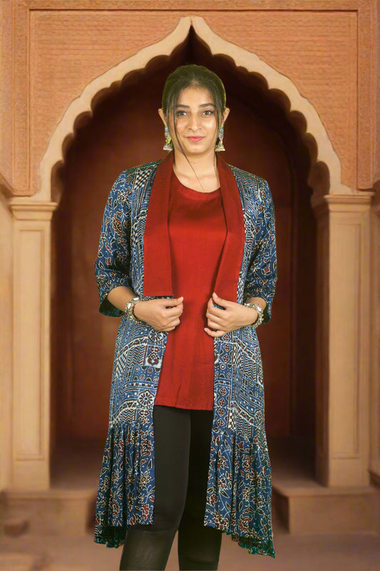 Blue ajrakh duster jacket with inner