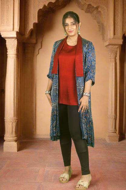 Blue ajrakh duster jacket with inner
