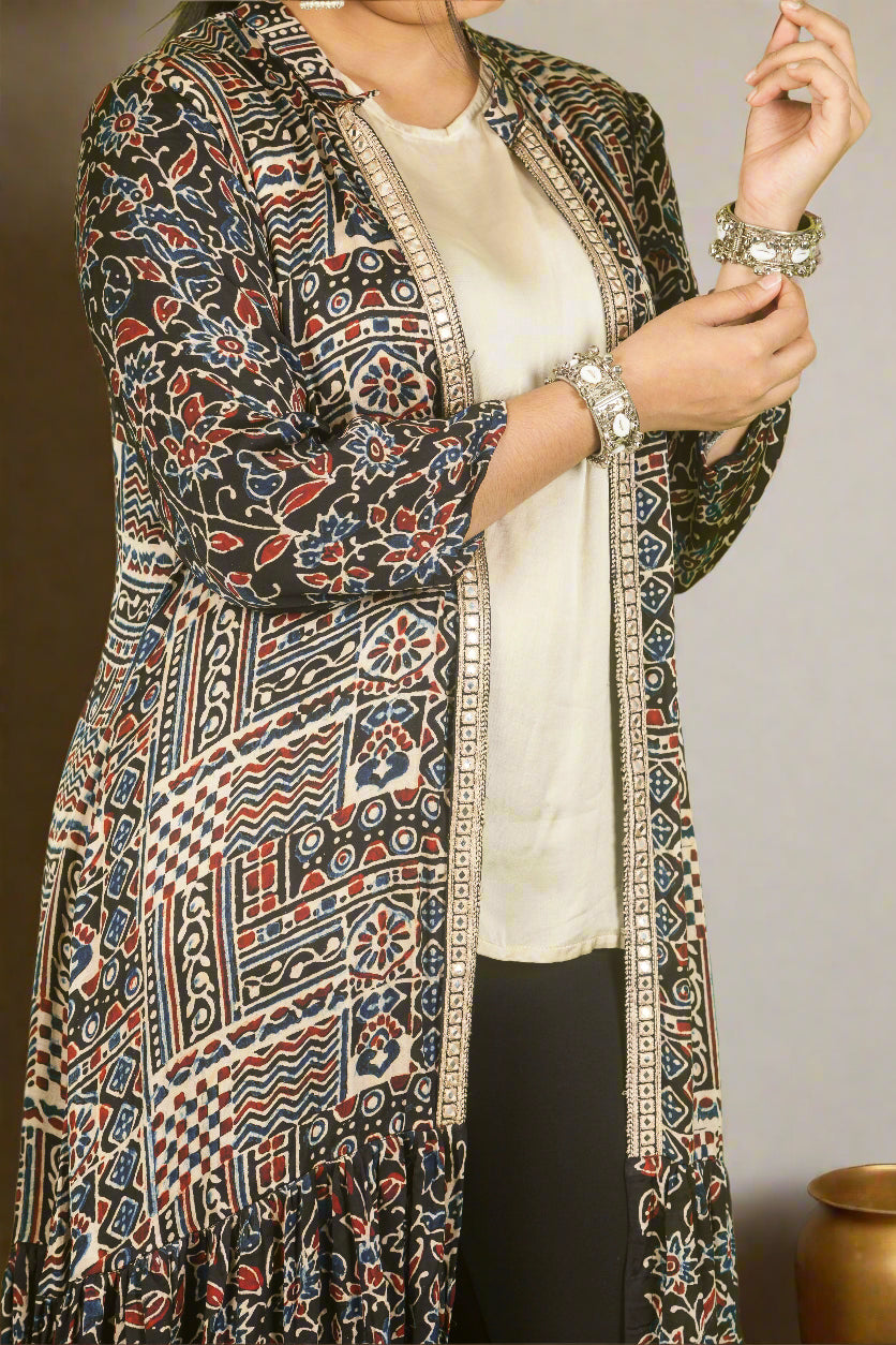 Black ajrakh duster jacket with inner