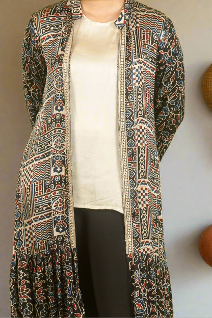 Black ajrakh duster jacket with inner