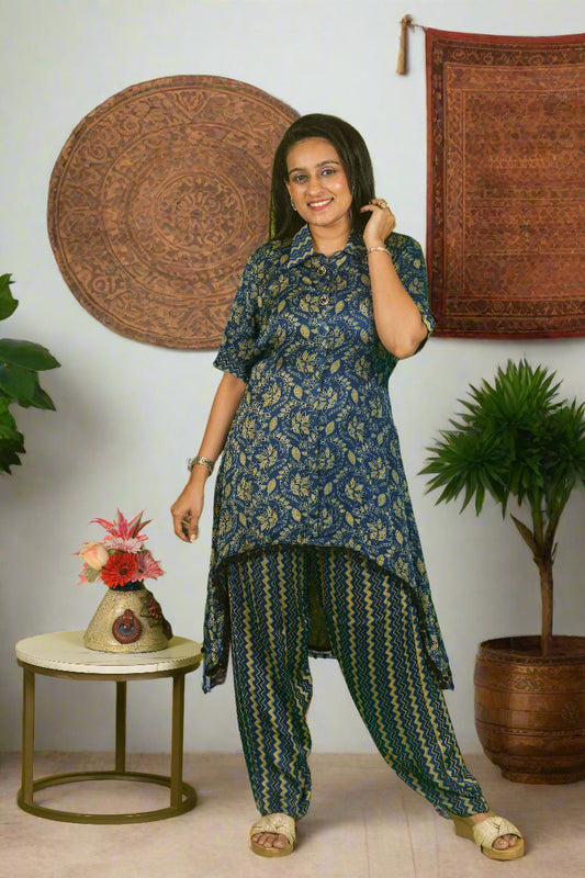 Blue high-low ajrakh mystique kurti with pants