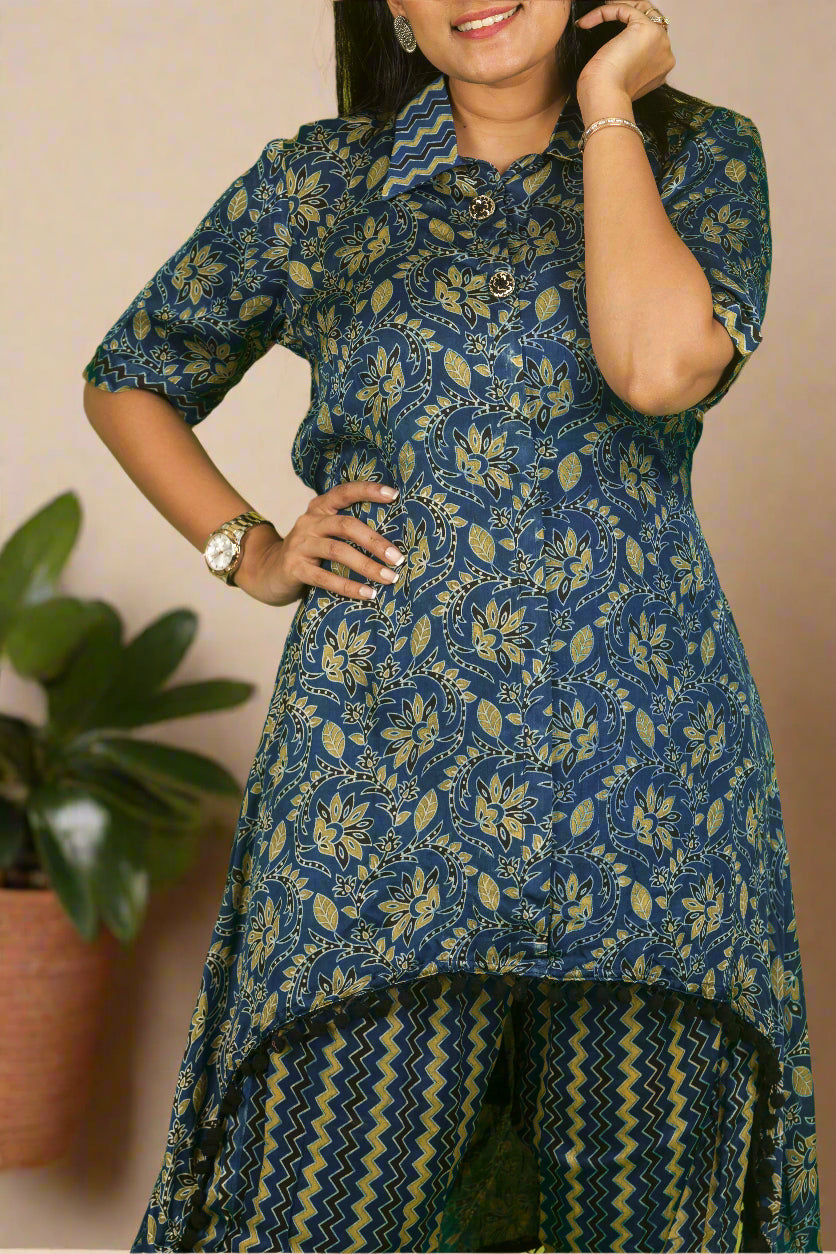 Blue high-low ajrakh mystique kurti with pants