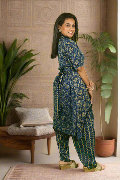 Blue high-low ajrakh mystique kurti with pants