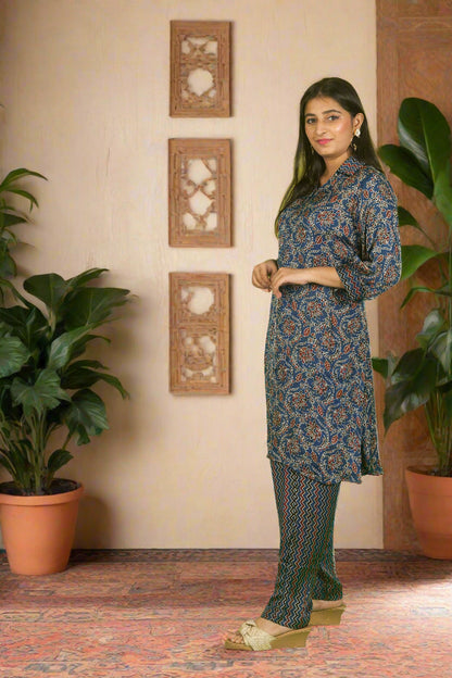 Blue ajrakh block print charm kurti with pants