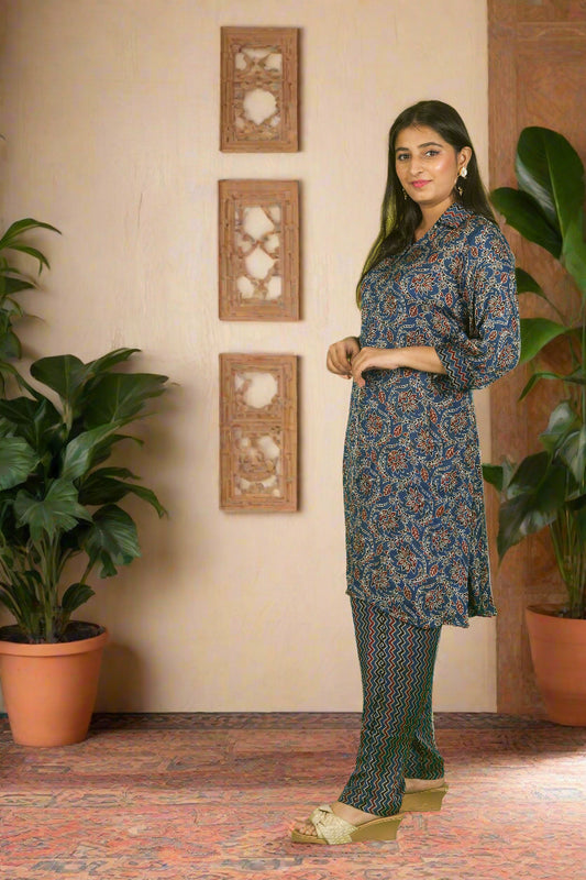 Blue ajrakh block print charm kurti with pants