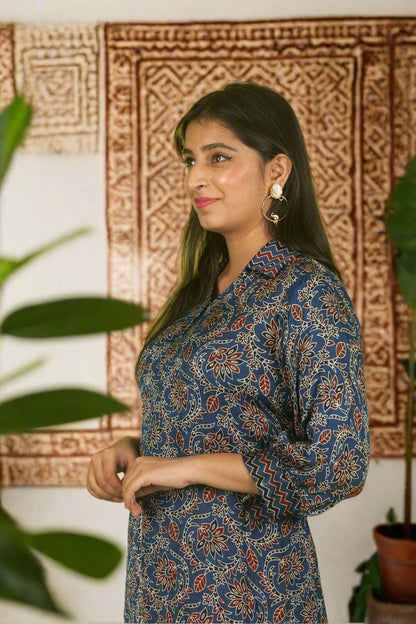 Blue ajrakh block print charm kurti with pants