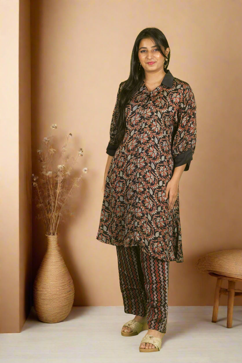 Black ajrakh block print charm kurti with pants