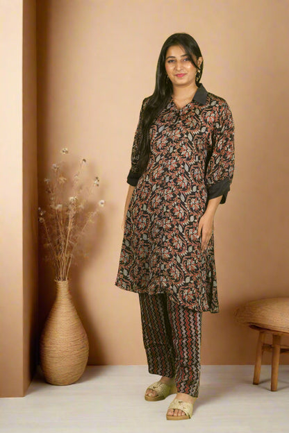 Black ajrakh block print charm kurti with pants