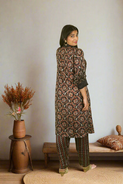 Black ajrakh block print charm kurti with pants