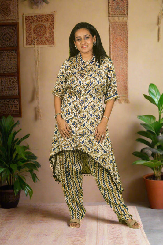 White high-low ajrakh kurti with pants