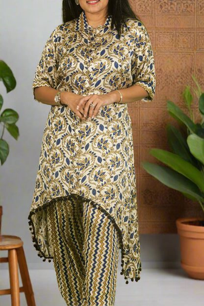 White high-low ajrakh kurti with pants