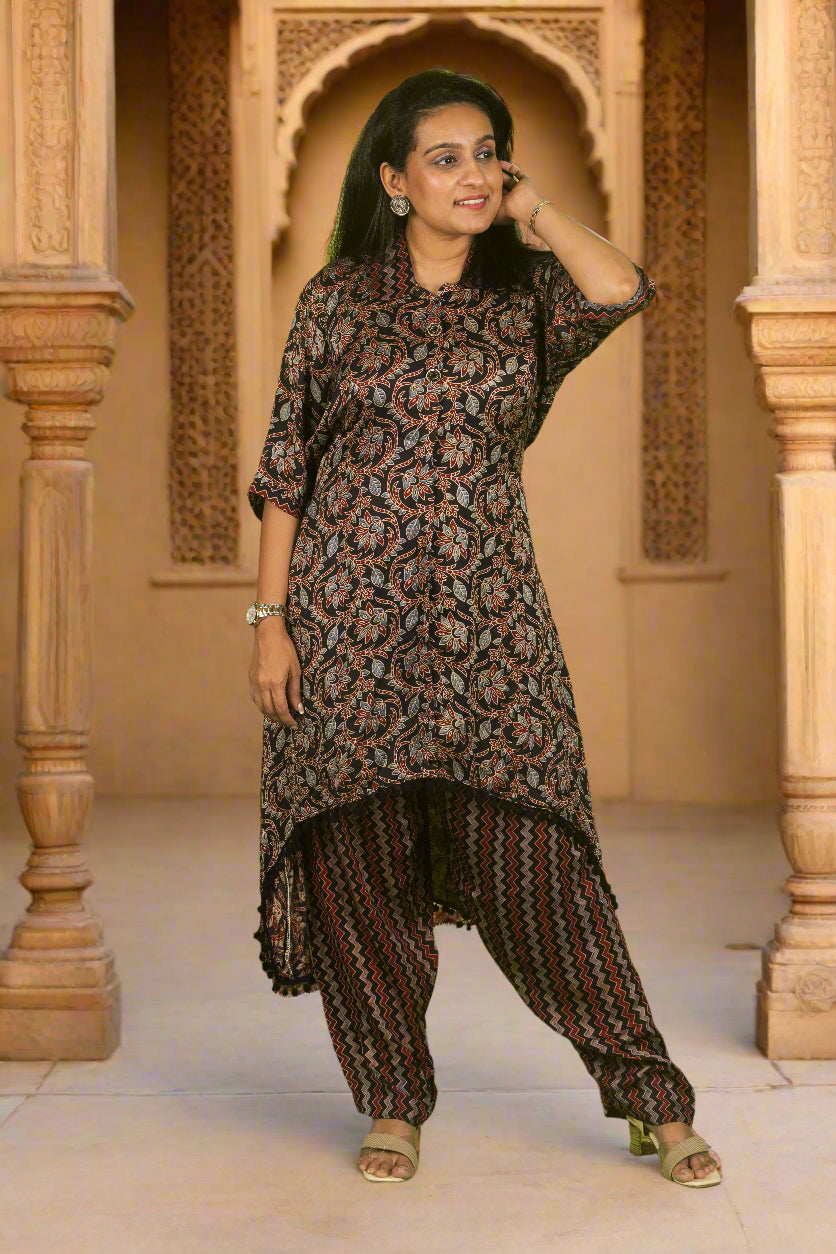 Black high-low ajrakh kurti with pants