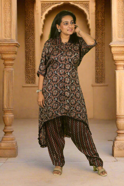 Black high-low ajrakh kurti with pants