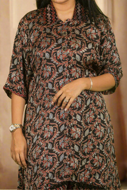 Black high-low ajrakh kurti with pants