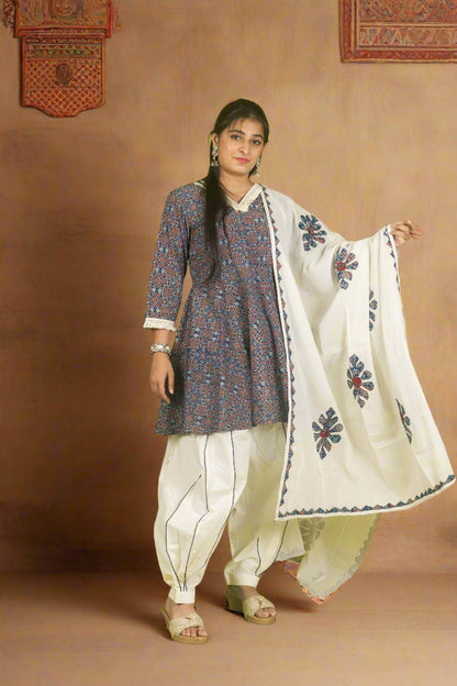 Blue peplum mirage ajrakh top with harem pants & applique work dupatta