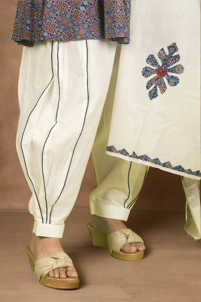 Blue peplum mirage ajrakh top with harem pants & applique work dupatta