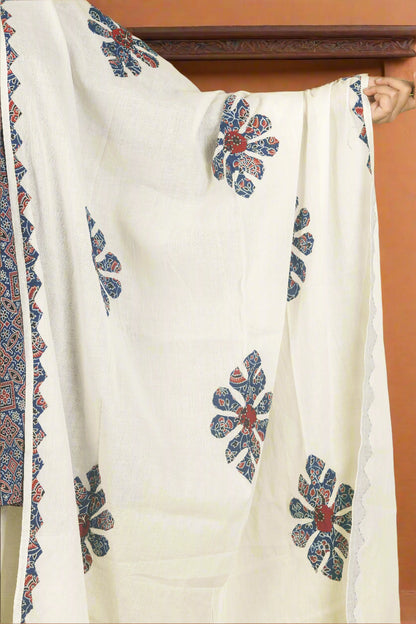 Blue peplum mirage ajrakh top with harem pants & applique work dupatta