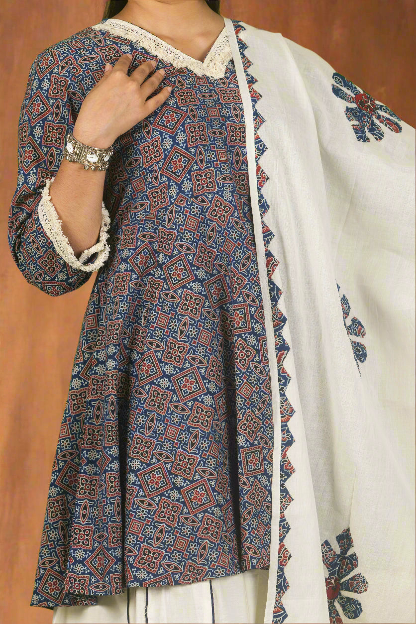 Blue peplum mirage ajrakh top with harem pants & applique work dupatta