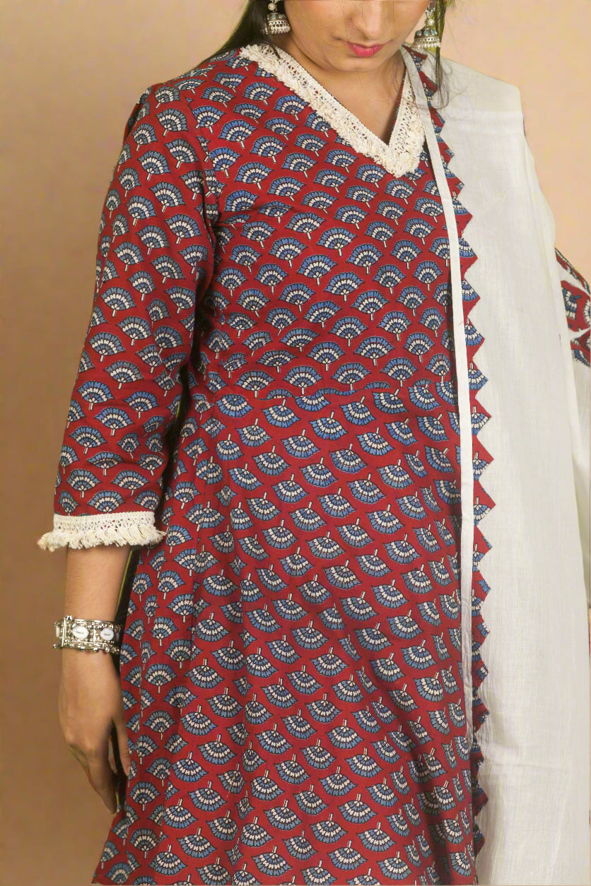 Red peplum mirage ajrakh top with harem pants & applique work dupatta