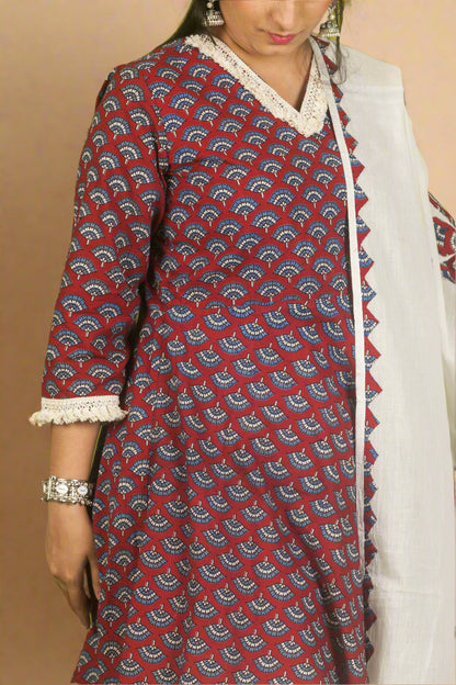 Red peplum mirage ajrakh top with harem pants & applique work dupatta