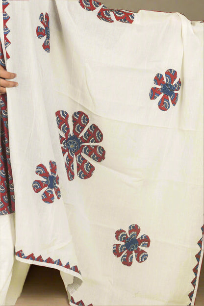 Red peplum mirage ajrakh top with harem pants & applique work dupatta