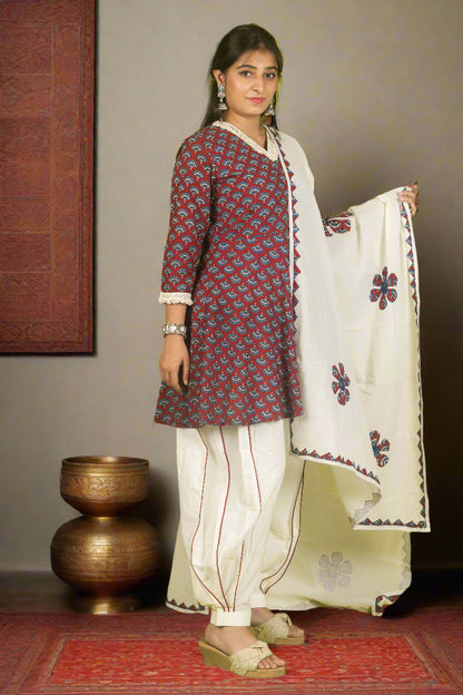 Red peplum mirage ajrakh top with harem pants & applique work dupatta