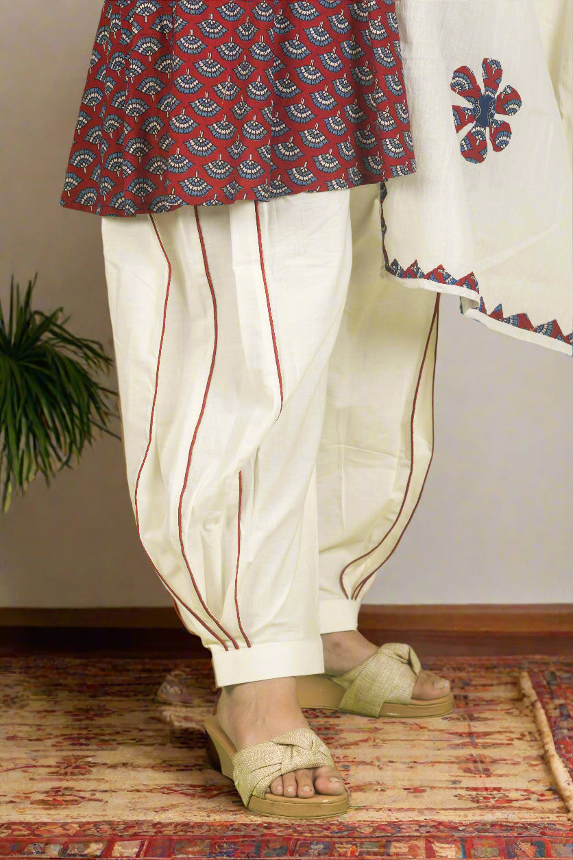 Red peplum mirage ajrakh top with harem pants & applique work dupatta