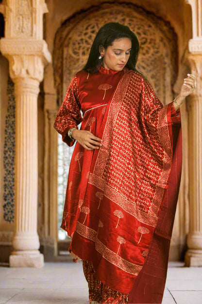 Red Ajrakh asymmetric set with dupatta