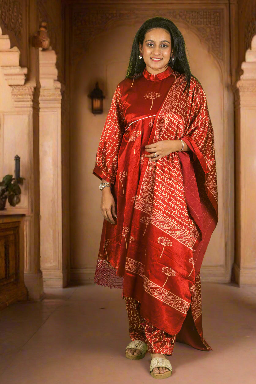 Red Ajrakh asymmetric set with dupatta
