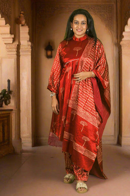 Red Ajrakh asymmetric set with dupatta