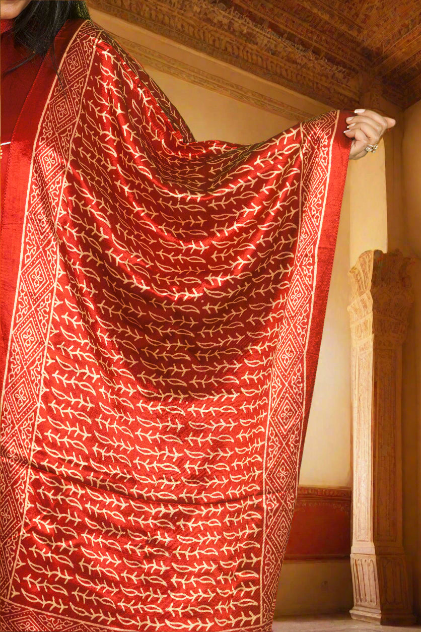 Red Ajrakh asymmetric set with dupatta
