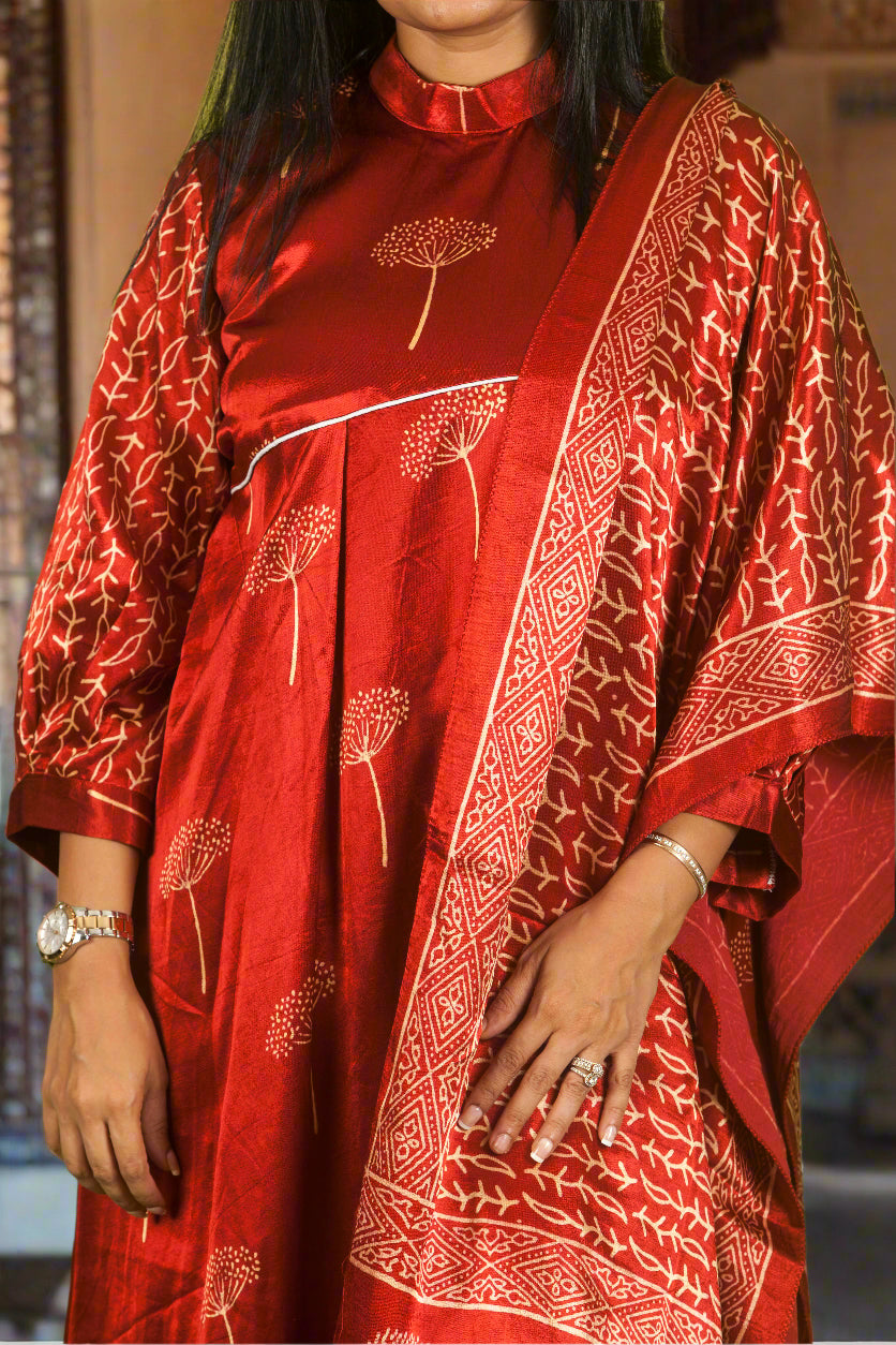 Red Ajrakh asymmetric set with dupatta