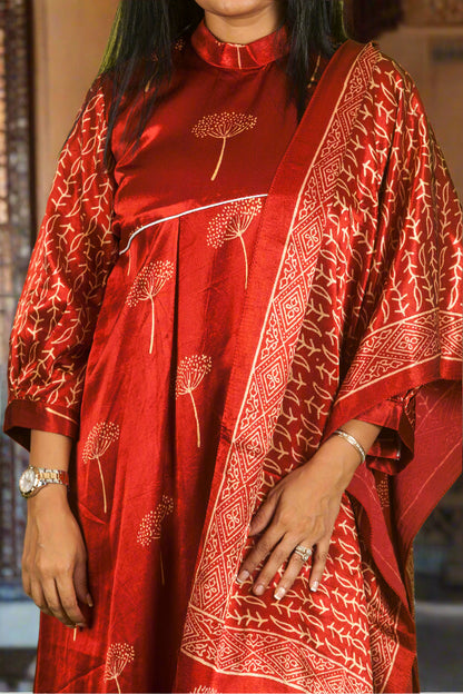 Red Ajrakh asymmetric set with dupatta