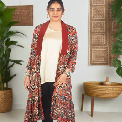 Red ajrakh duster jacket with inner