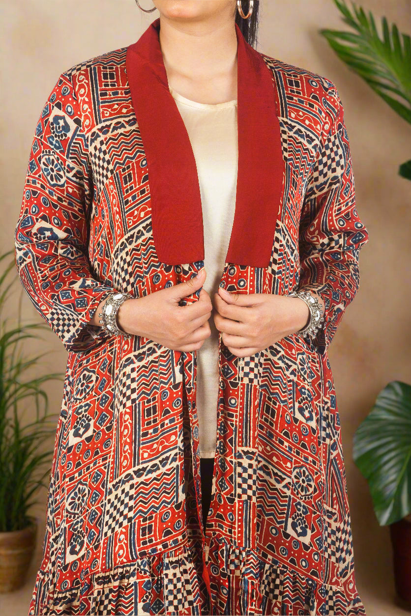 Red ajrakh duster jacket with inner