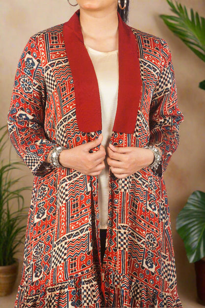 Red ajrakh duster jacket with inner