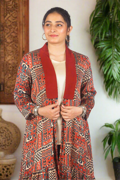 Red ajrakh duster jacket with inner