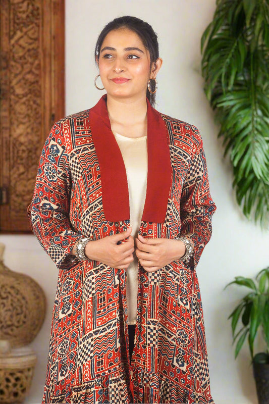 Red ajrakh duster jacket with inner