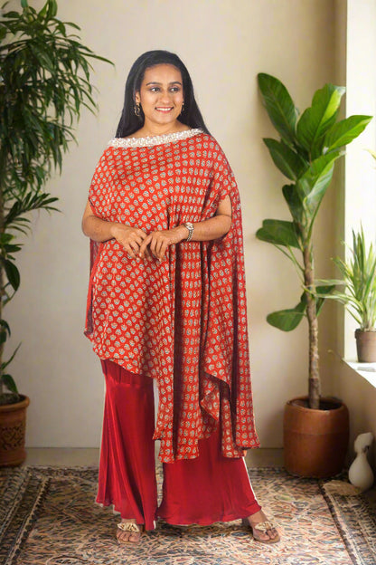 Red Allure set with hand embroidered cape & palazzo