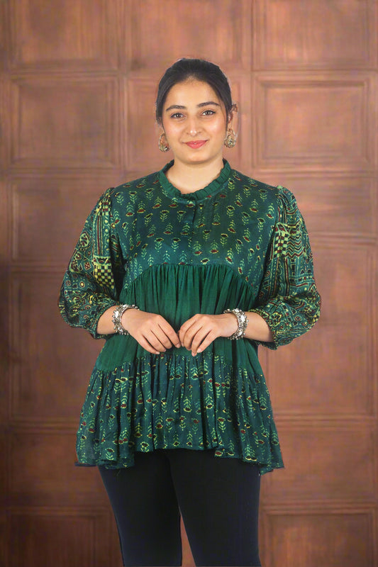 Green urban fusion ajrakh top