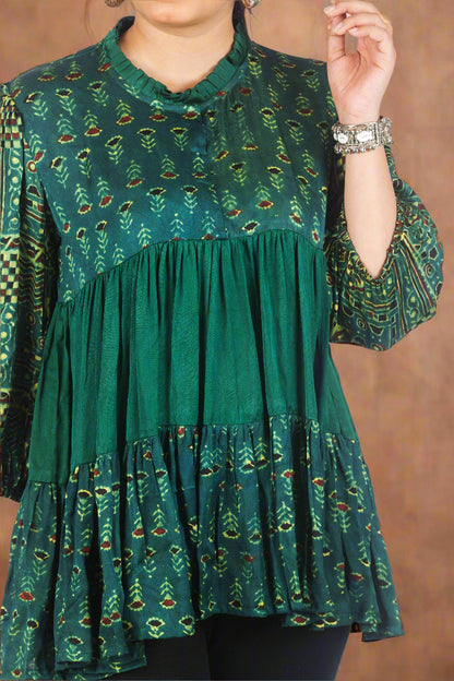 Green urban fusion ajrakh top
