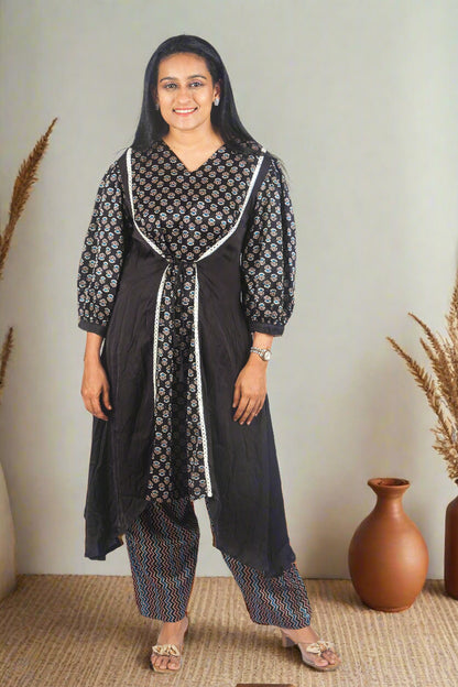 Black urban bloom kurti with tie detailing & pants