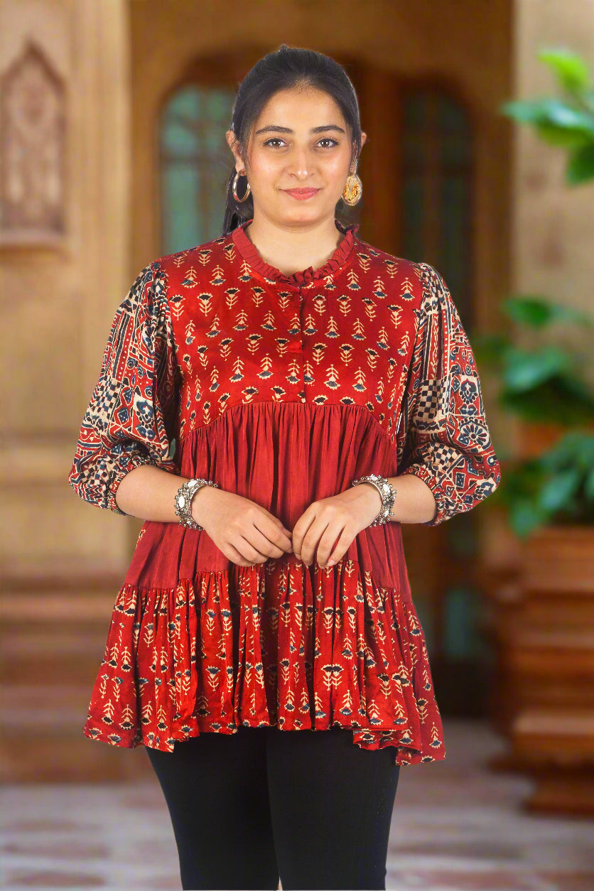 Red urban fusion ajrakh top