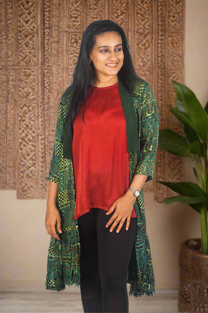 Green ajrakh duster jacket with inner