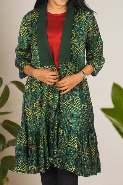 Green ajrakh duster jacket with inner