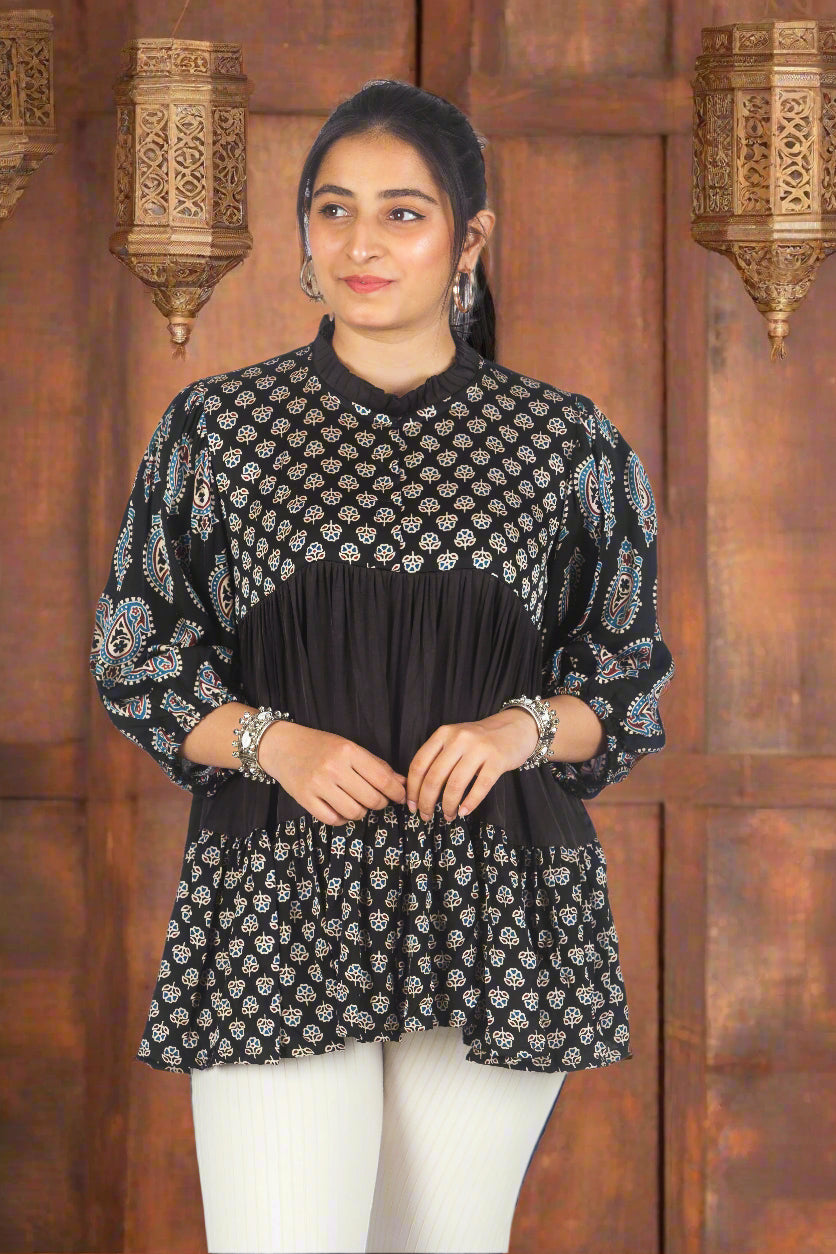 Black urban fusion ajrakh top