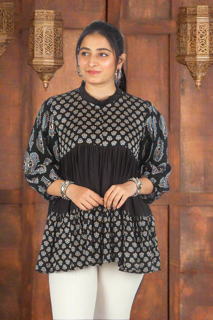 Black urban fusion ajrakh top