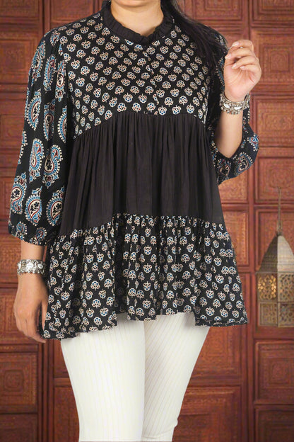 Black urban fusion ajrakh top